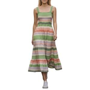 Banjanan Regina Striped Midi Dress Square Neck Back Tie Smocked Size Small